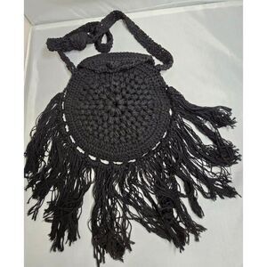 Handmade Crochet macrame Black Fringe Bohemian Shoulder Bag boho cottage biker